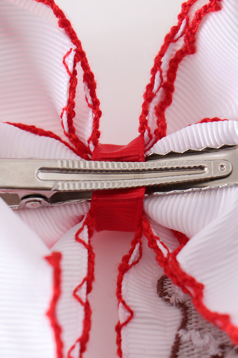 Red gingerbread embroidery crochet edge hair bow