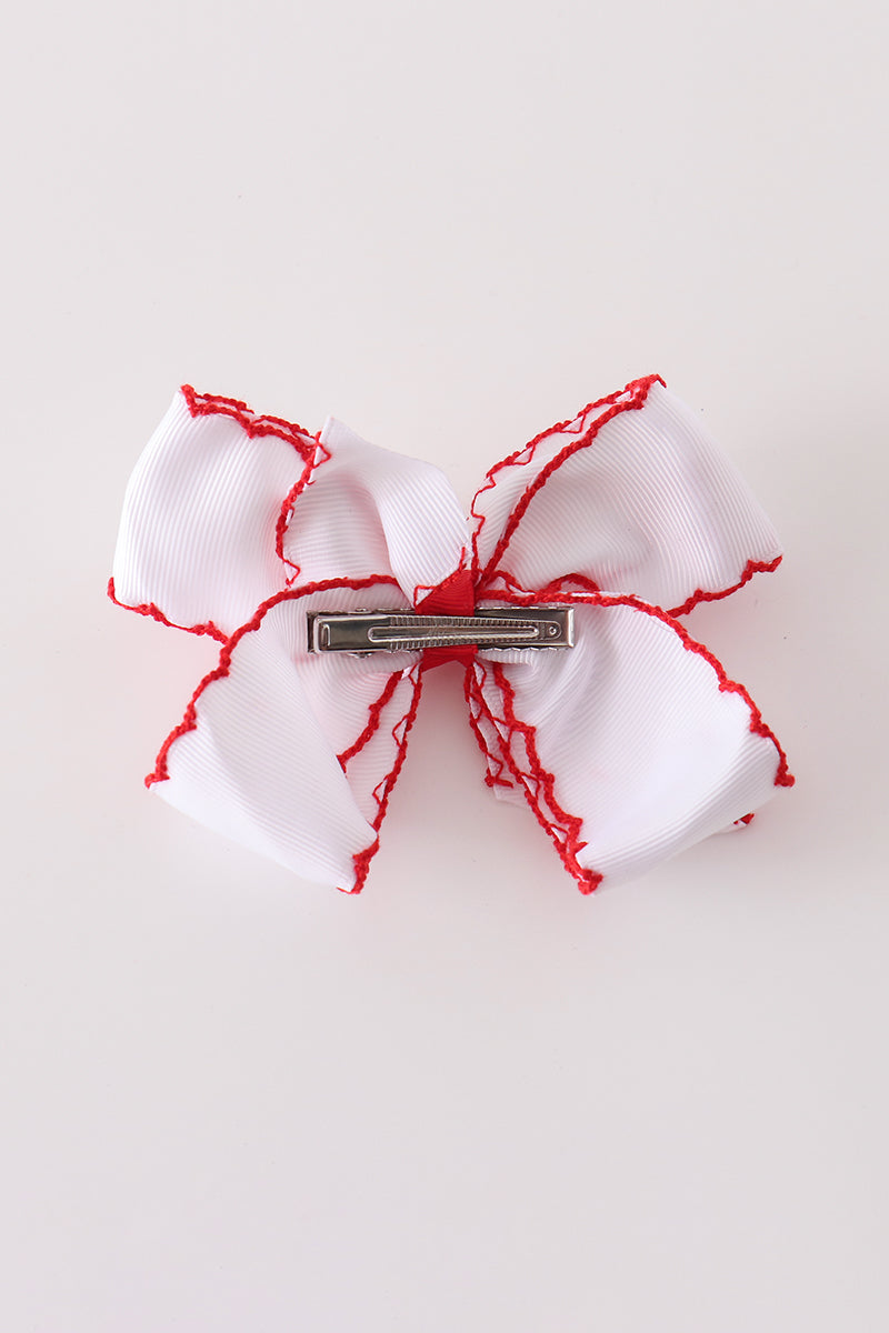 Red reindeer embroidery crochet edge hair bow