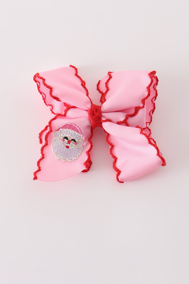 Pink santa claus embroidery crochet edge hair bow