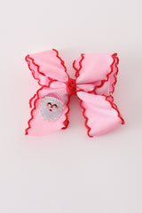 Pink santa claus embroidery crochet edge hair bow