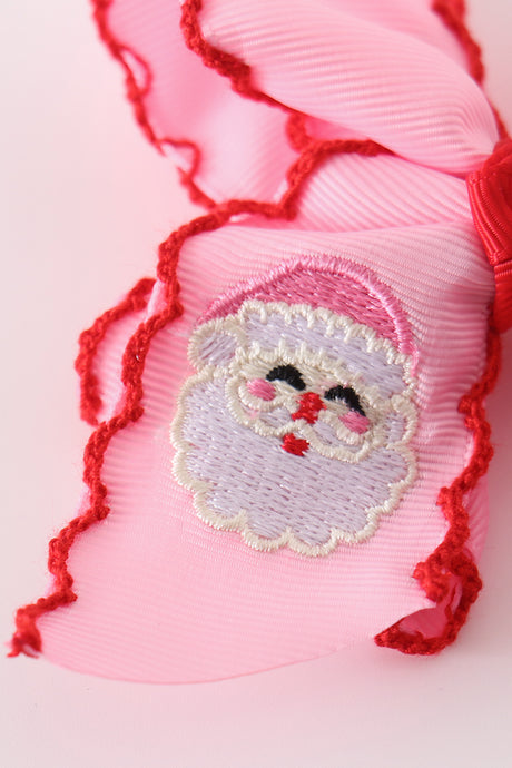 Pink santa claus embroidery crochet edge hair bow
