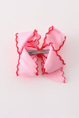 Pink santa claus embroidery crochet edge hair bow