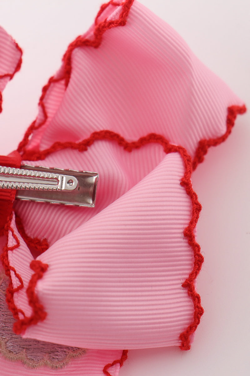 Pink santa claus embroidery crochet edge hair bow
