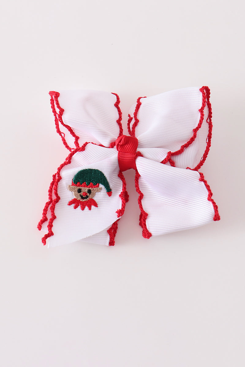 White snowman embroidery crochet edge hair bow
