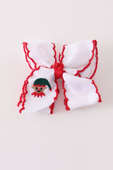 White snowman embroidery crochet edge hair bow