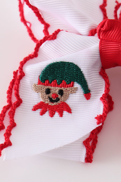 White snowman embroidery crochet edge hair bow