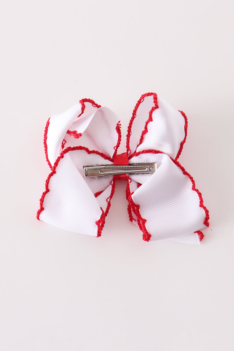 White snowman embroidery crochet edge hair bow