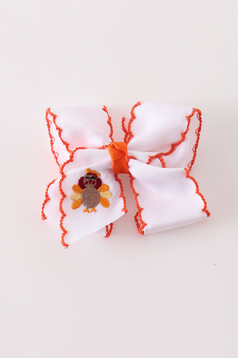 Rust turkey embroidery crochet edge hair bow