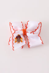 Rust turkey embroidery crochet edge hair bow