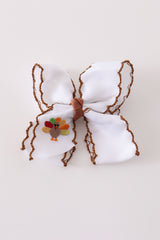 Brown turkey embroidery crochet edge hair bow