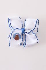 Blue turkey embroidery crochet edge hair bow