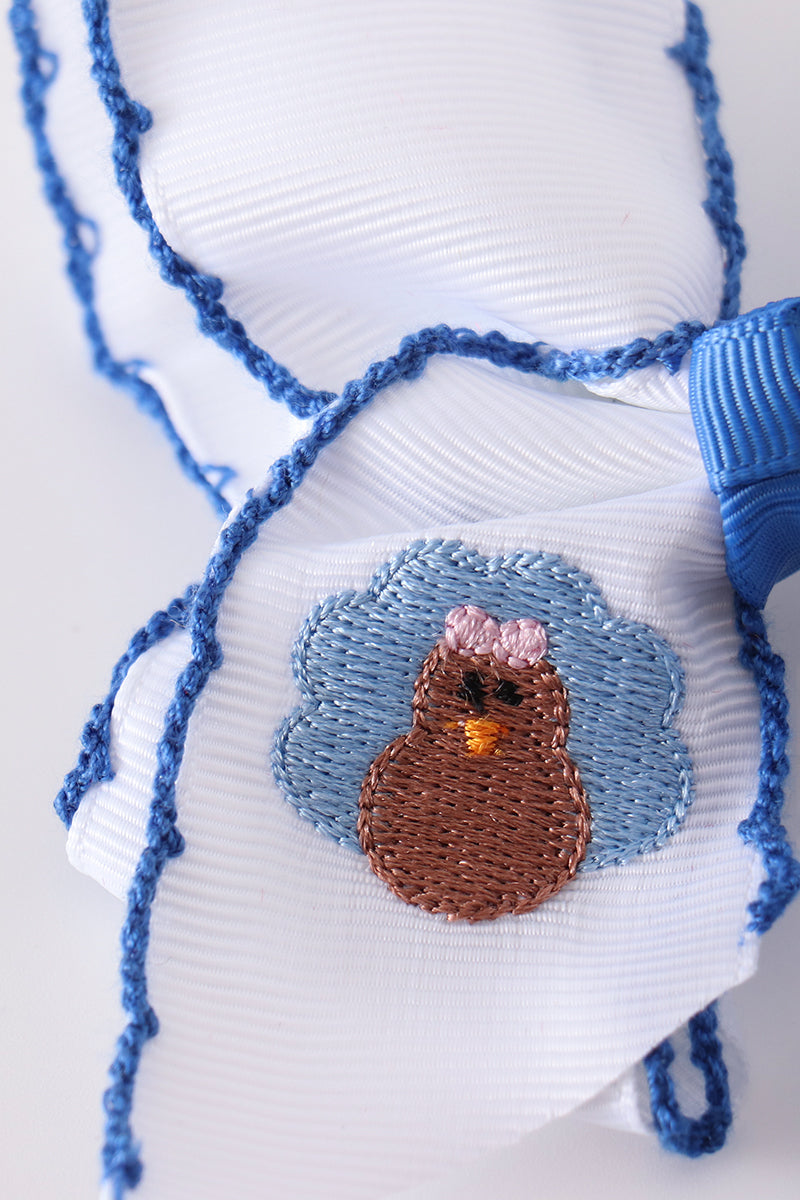 Blue turkey embroidery crochet edge hair bow