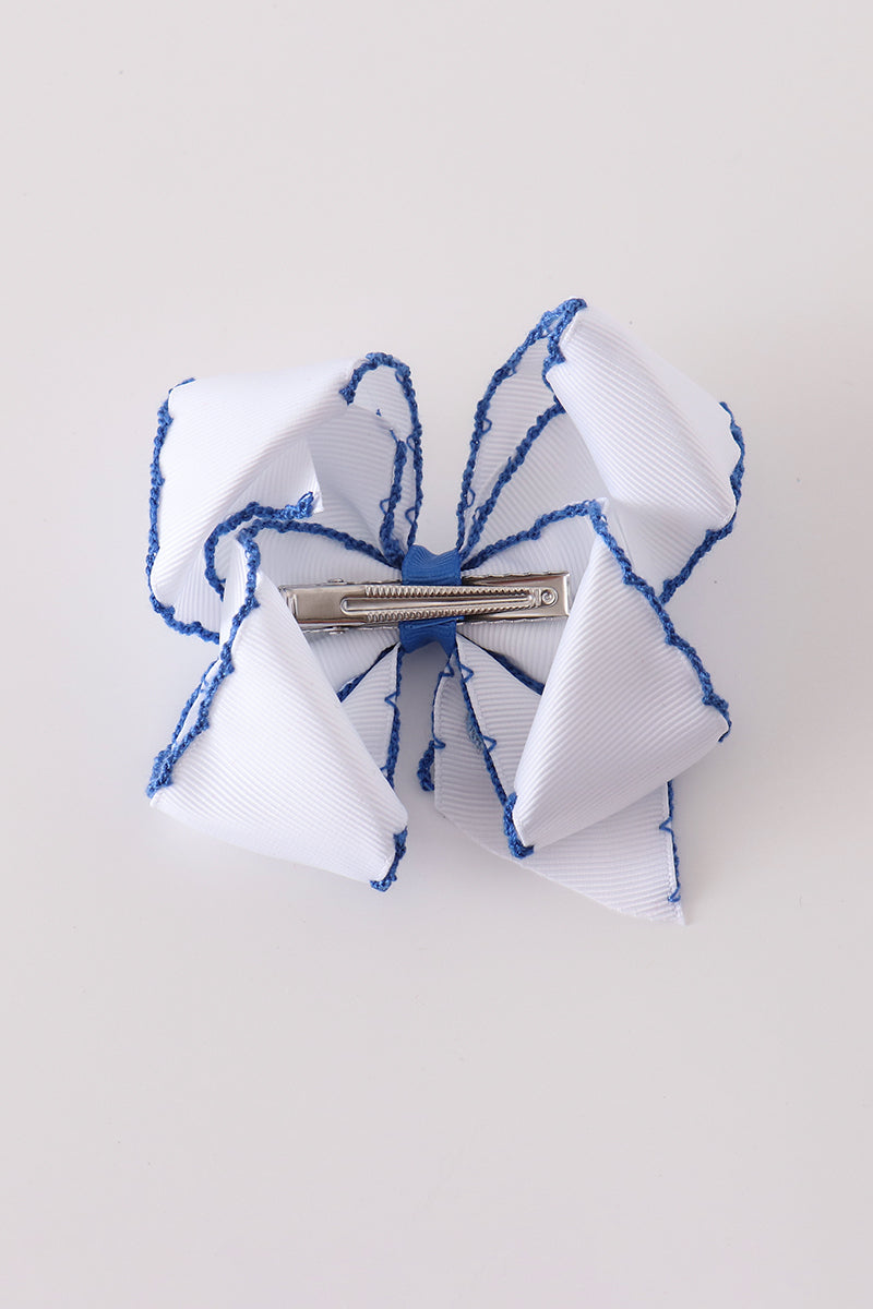 Blue turkey embroidery crochet edge hair bow