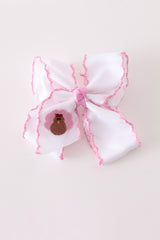 Pink turkey embroidery crochet edge hair bow