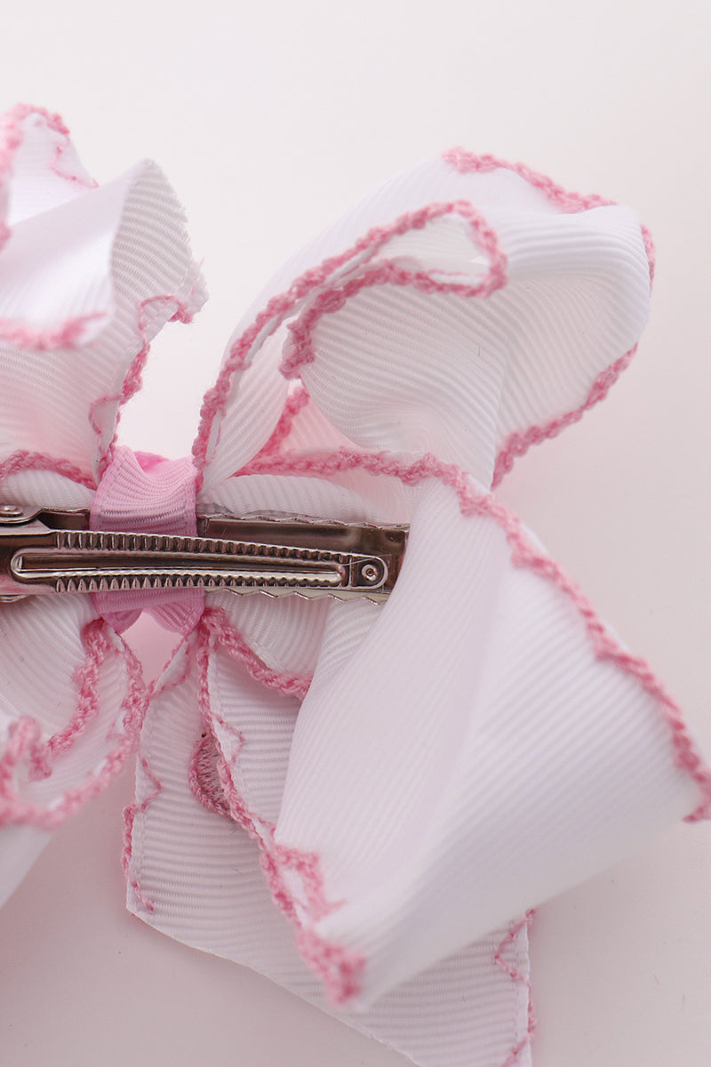Pink turkey embroidery crochet edge hair bow
