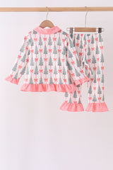 Pink Christmas Tree Bow Ruffle Pajama Set
