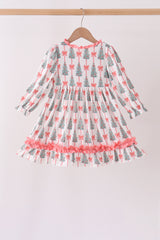 Pink Christmas Tree Bow Ruffle Dress