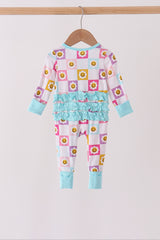 Blue smiling checkered ruffle bamboo romper