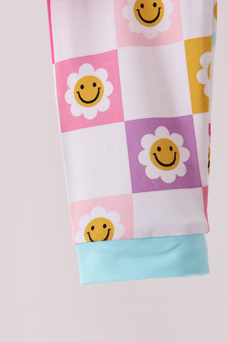 Blue smiling checkered ruffle bamboo pajama set
