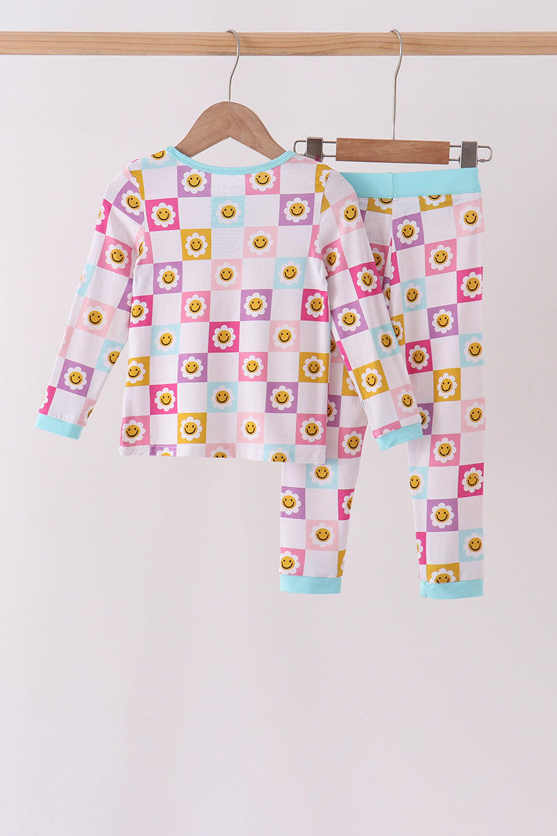 Blue smiling checkered ruffle bamboo pajama set