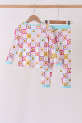Blue smiling checkered ruffle bamboo pajama set