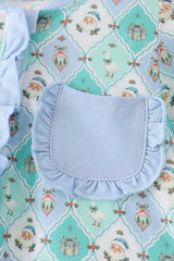 Green santa print ruffle romper