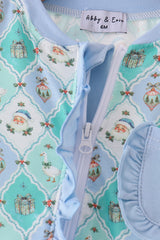 Green santa print ruffle romper