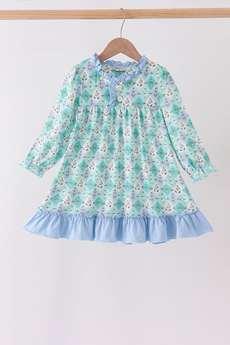 Green santa print ruffle dress