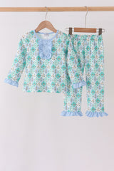 Green santa print ruffle pajama set