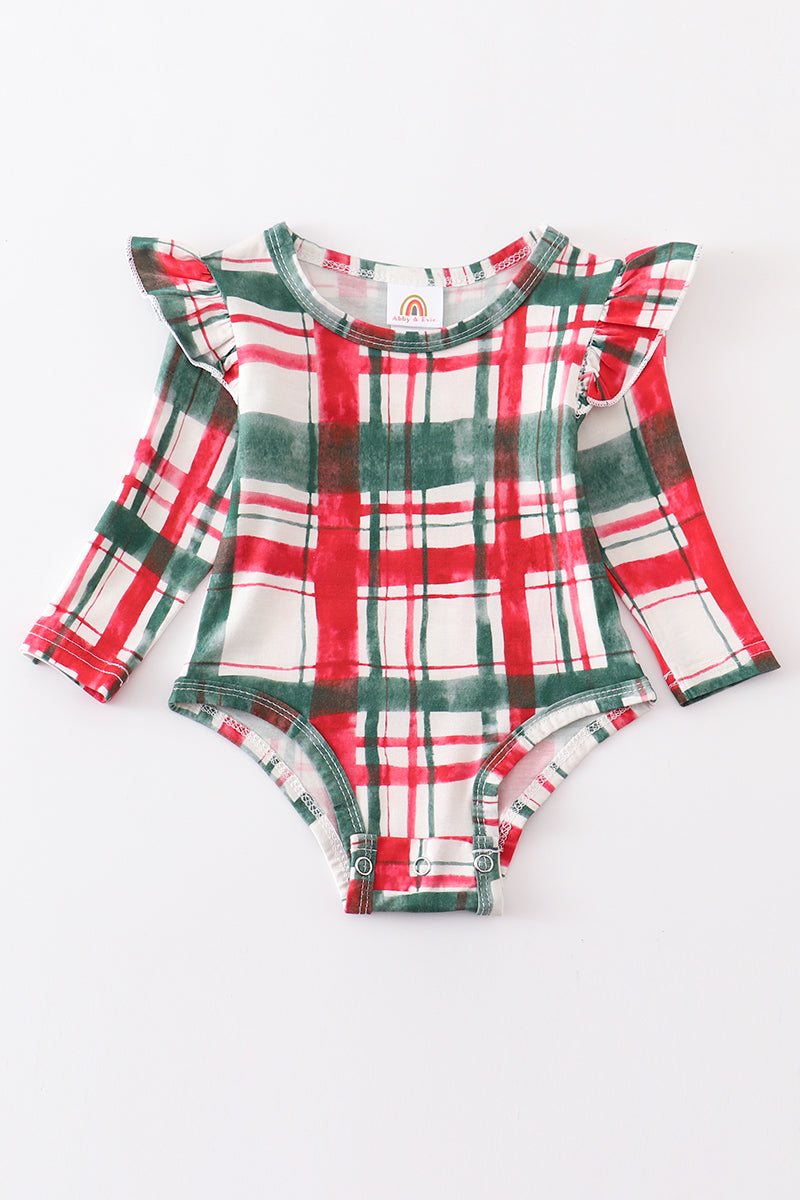 Green plaid ruffle baby onesie