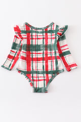 Green plaid ruffle baby onesie