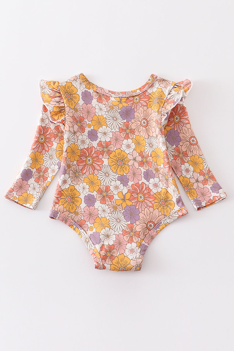 Mustard floral ruffle baby onesie