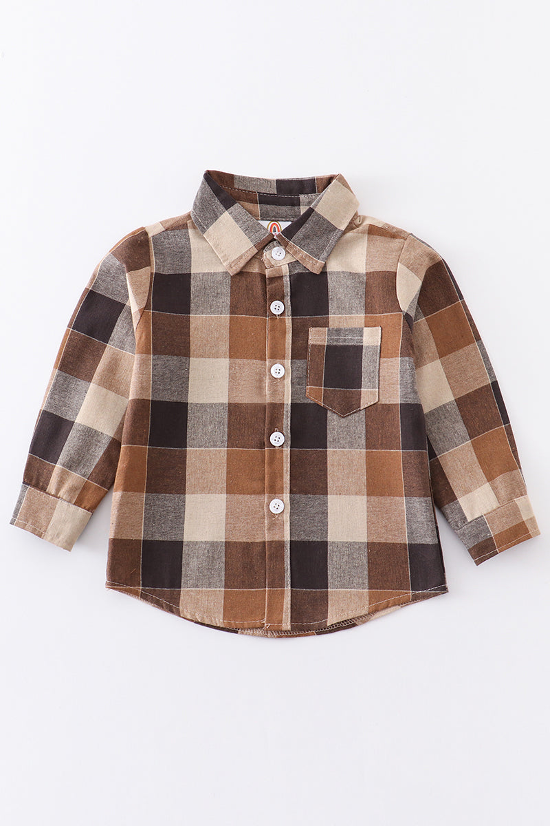 Brown plaid button down boy shirt – Honeydewusa