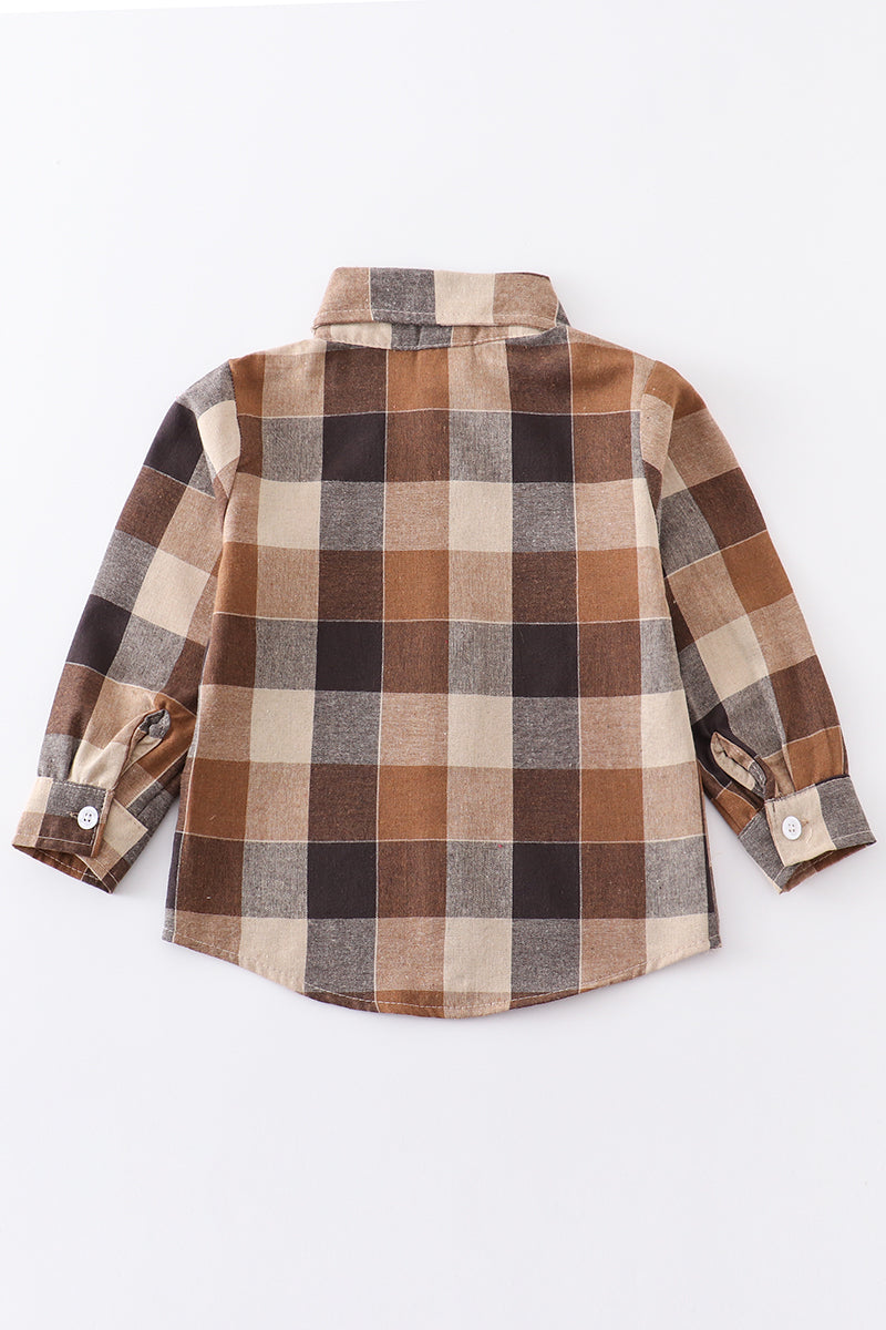 Brown plaid button down boy shirt