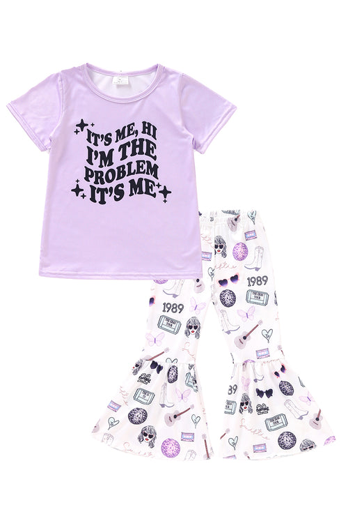Pink music fan print girl bell pants set