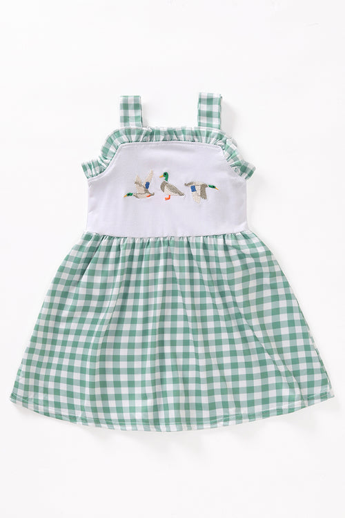 Green duck embroidery plaid dress
