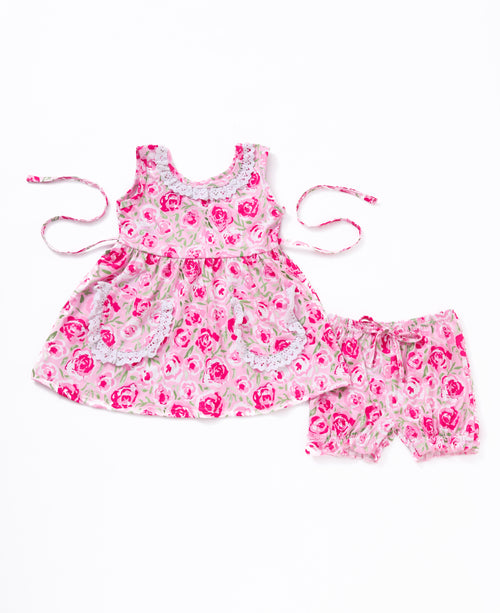 Pink floral print pocket lace girl shorts set