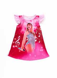 Pink music fan print ruffle dress