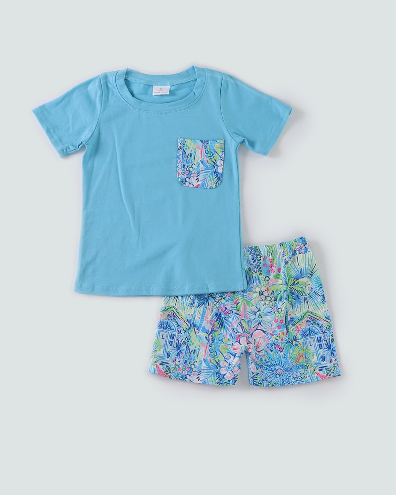 Blue garden print boy set