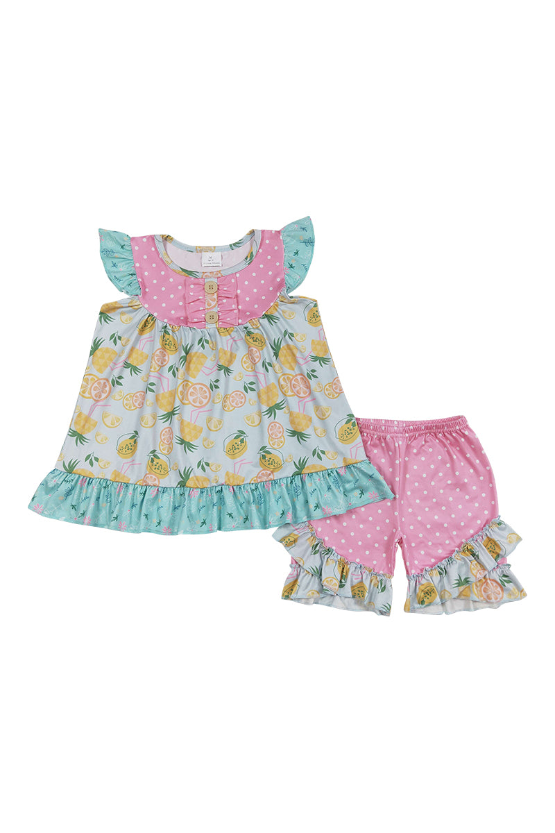 Lemon print ruffle girl set