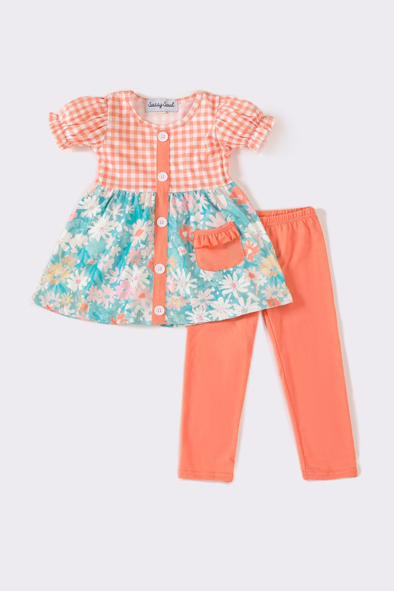 Coral floral plaid girl pants set