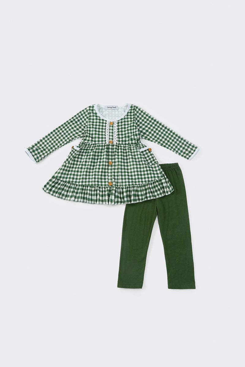 Green plaid ruffle girl set