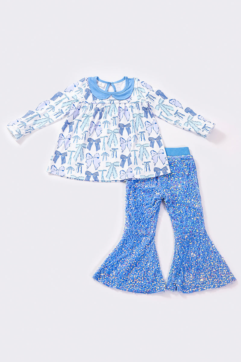 Blue bow print sequin girl pants set pre order 10-22-2024