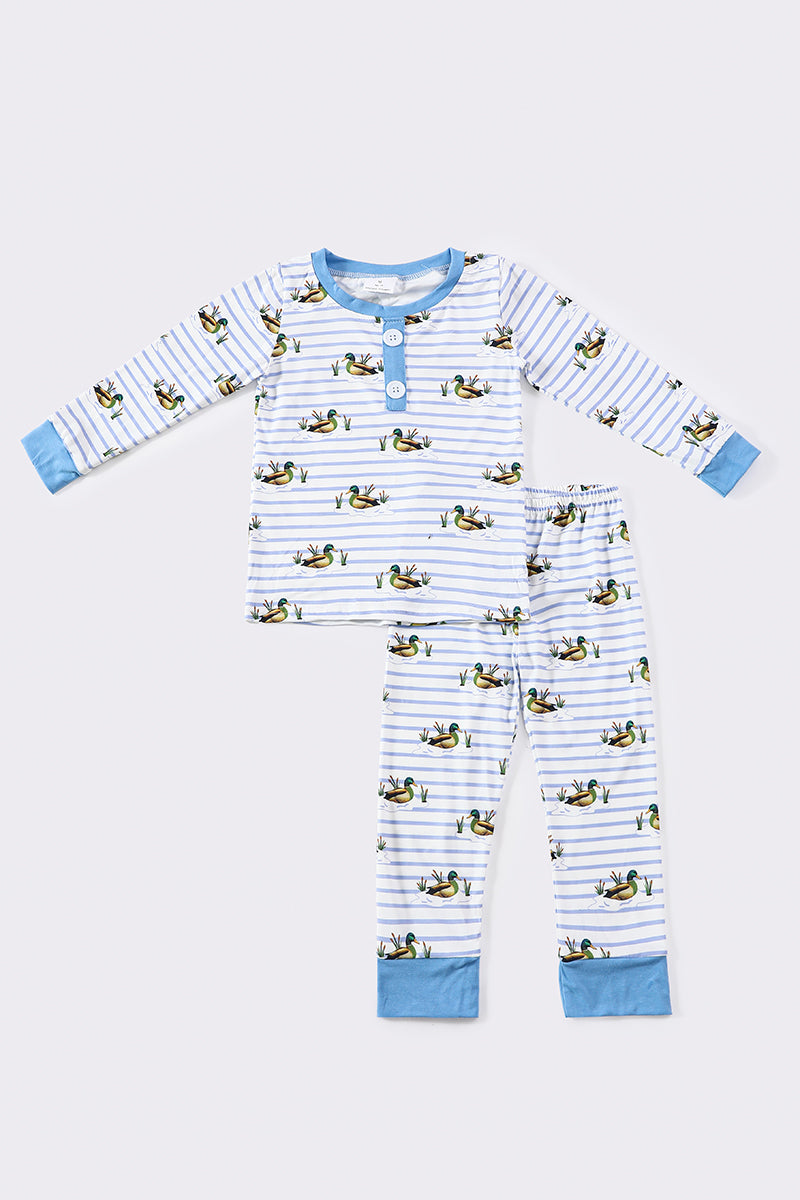 Blue duck print bamboo boy pajamas set pre order 10-22-2024