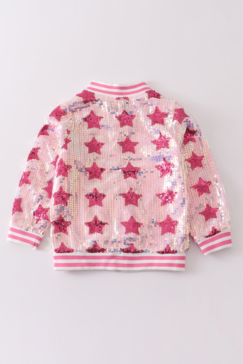 Pink star sequin girl bomber jacket