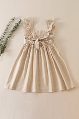 Beige floral embroidery ruffle linen dress