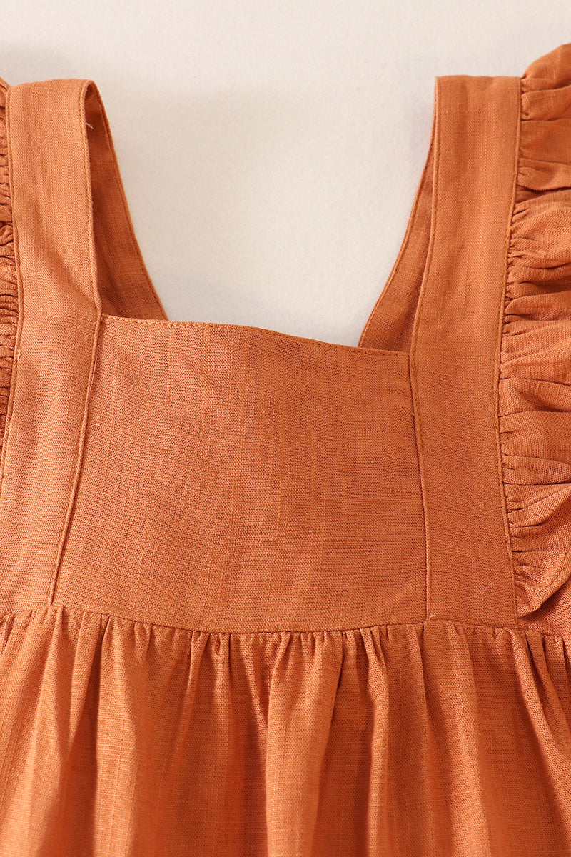 Caramel ruffle linen dress