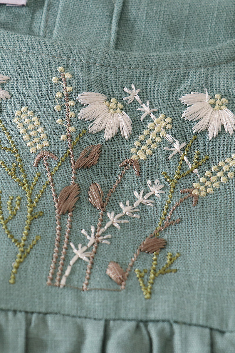 Sage daisy embroidery linen dress