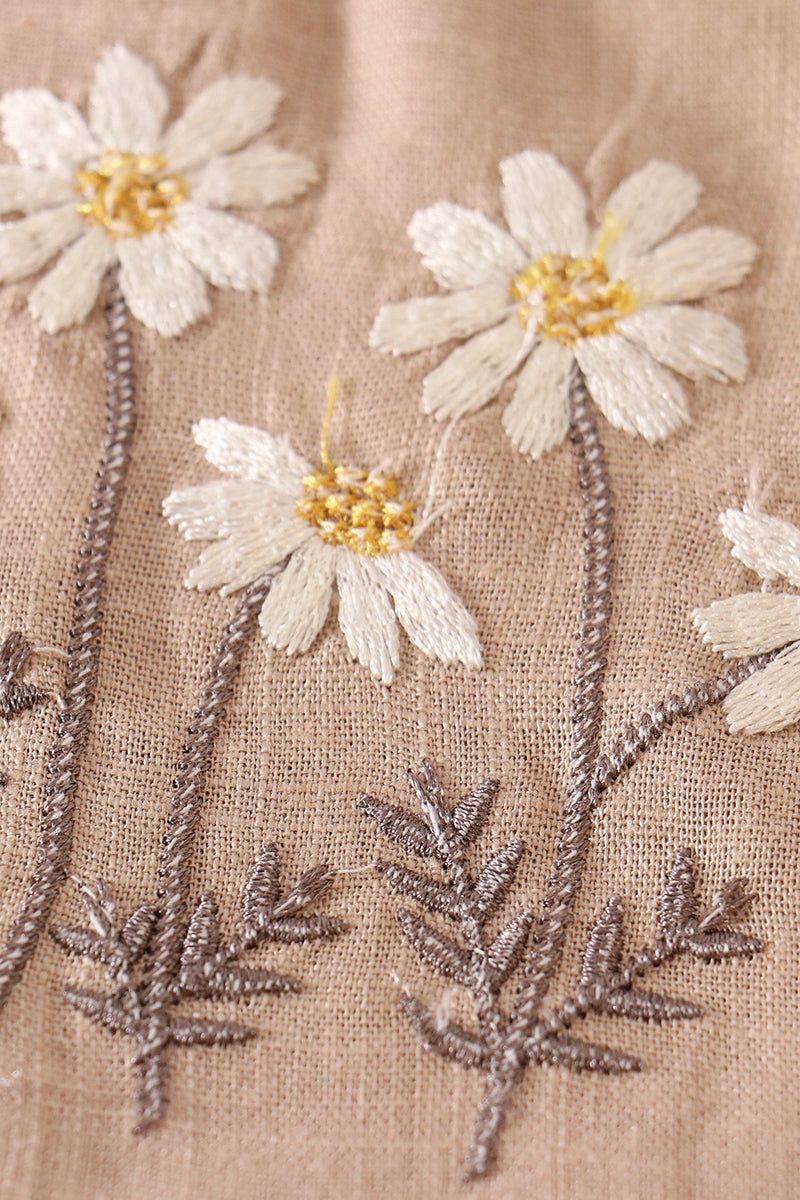 Beige floral embroidery linen dress