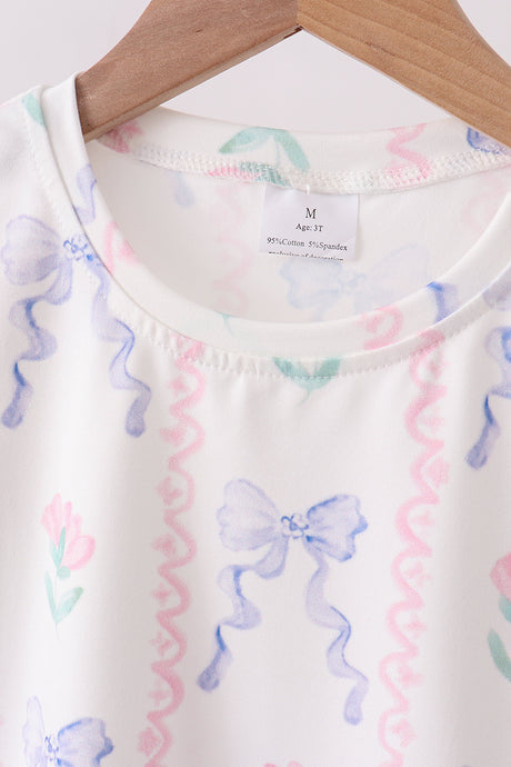 Floral bow print scalloped shorts set